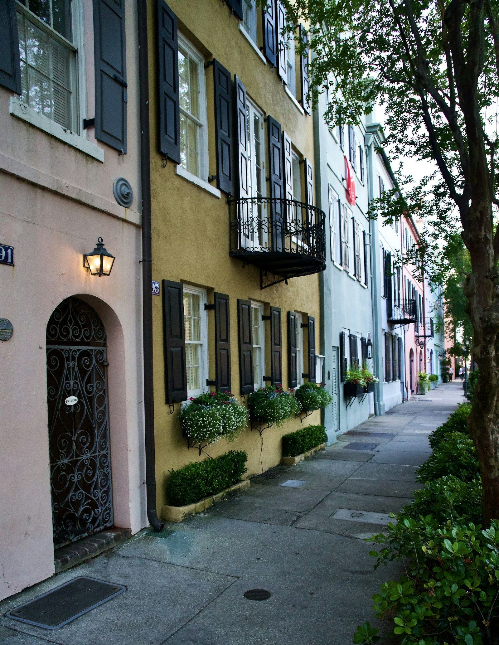 Historic Charleston street with colorful homes and window boxes